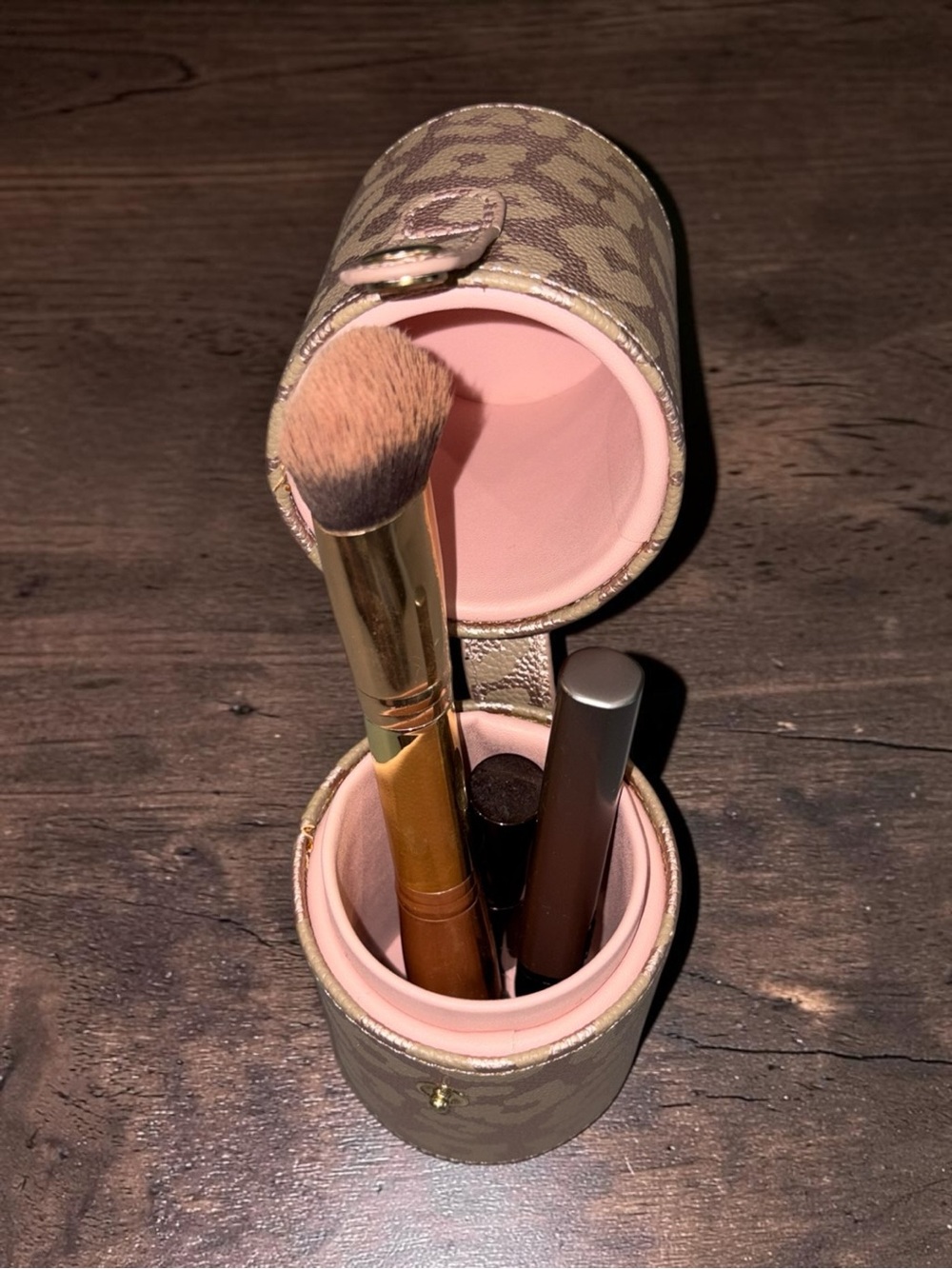 Hollis Rose Gold Mini Makeup Brush Lipstick Liner Case Travel Bag Leopard Print - Picture 8 of 10